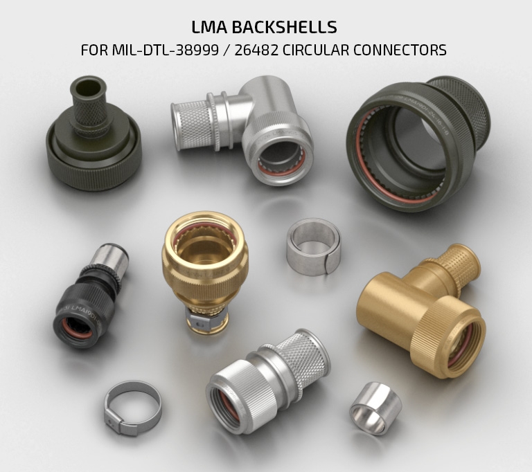 LMA19/M85049 Circular Angled and Straight /90 deg, Band, Spring Backshells for MIL-DTL-38999 , 26482 and JVS connectors