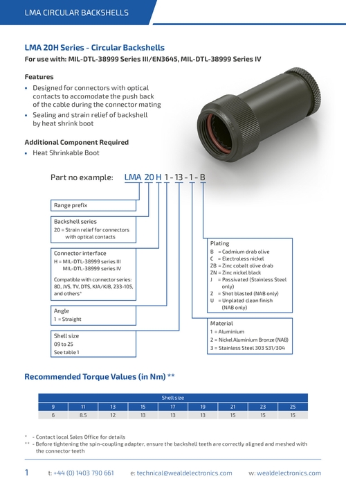 LMA20 - Circular Backshells for Fibre Optic MIL-DTL-38999 Connectors - Datasheet