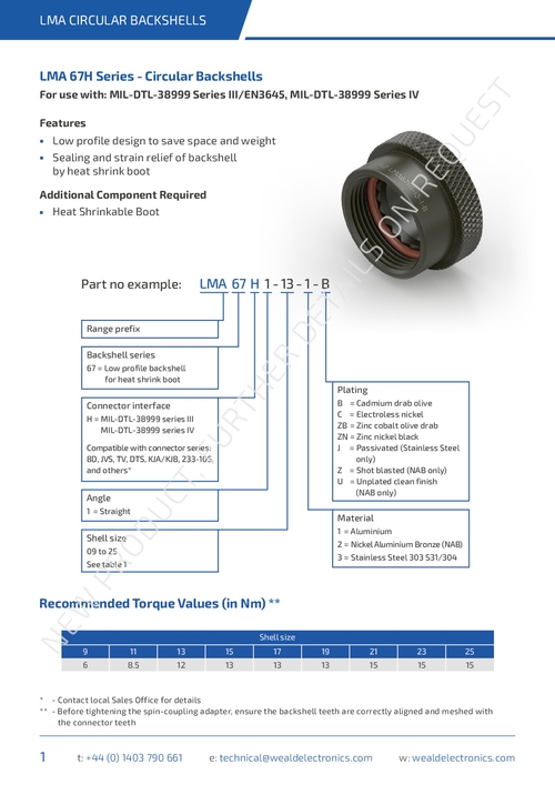 LMA67H - MIL-DTL-38999 Low Profile Heat Shrink Circular Backshells - Datasheet