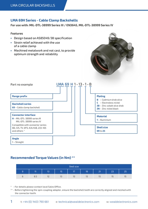 LMA69H Cable Clamp Backshells for MIL-DTL-38999 Series III Connectors - Datasheet
