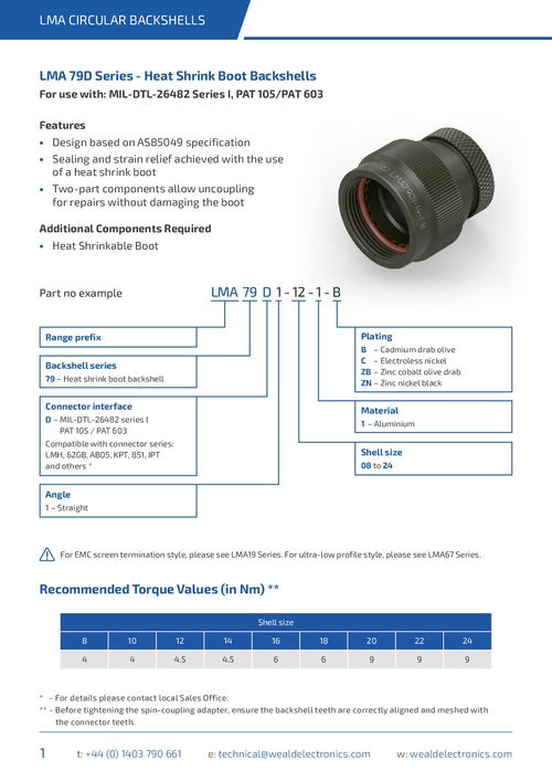 LMA79D Heat Shrink Boot Backshells for MIL-DTL-26482 Connectors - Datasheet